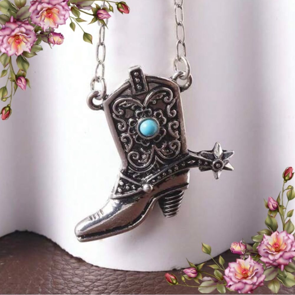Silver Boot Pendant Necklace with‎ Turquoise Accent